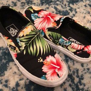 Black tropical floral slip on vans